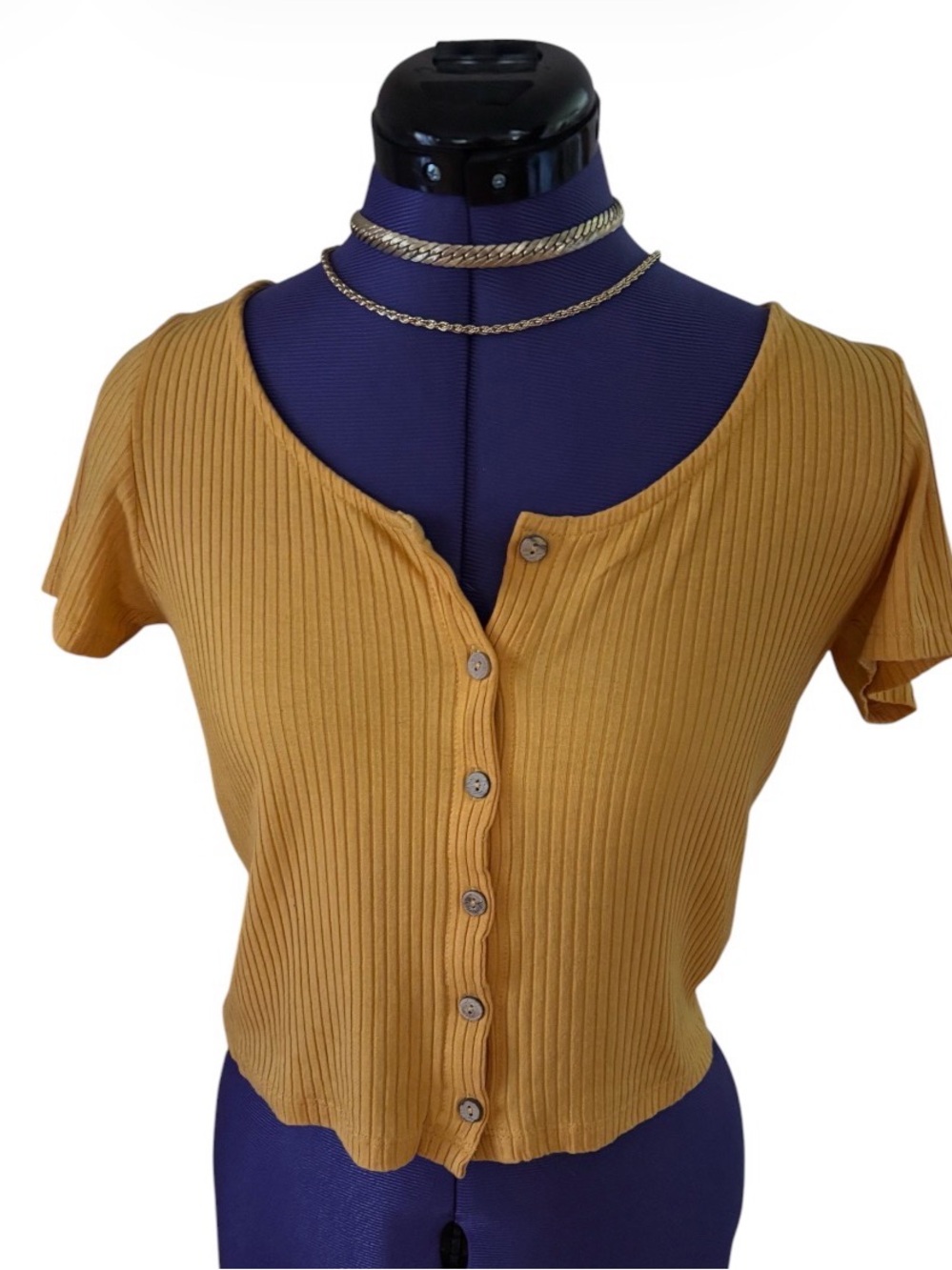 24Colours Women’s Top Medium Button-Front Ribbed Yellow